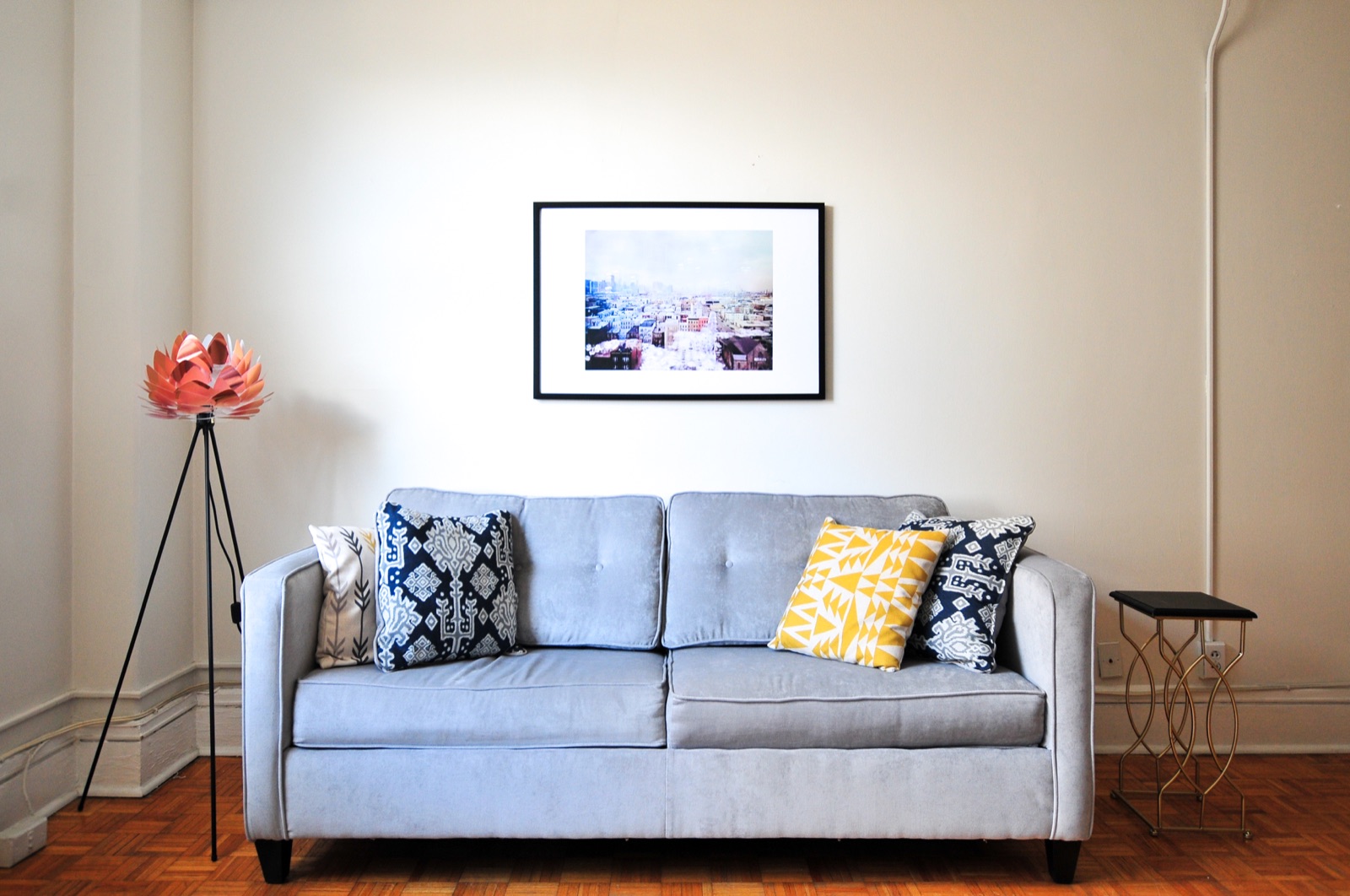 Living room with a grey sectional sofa