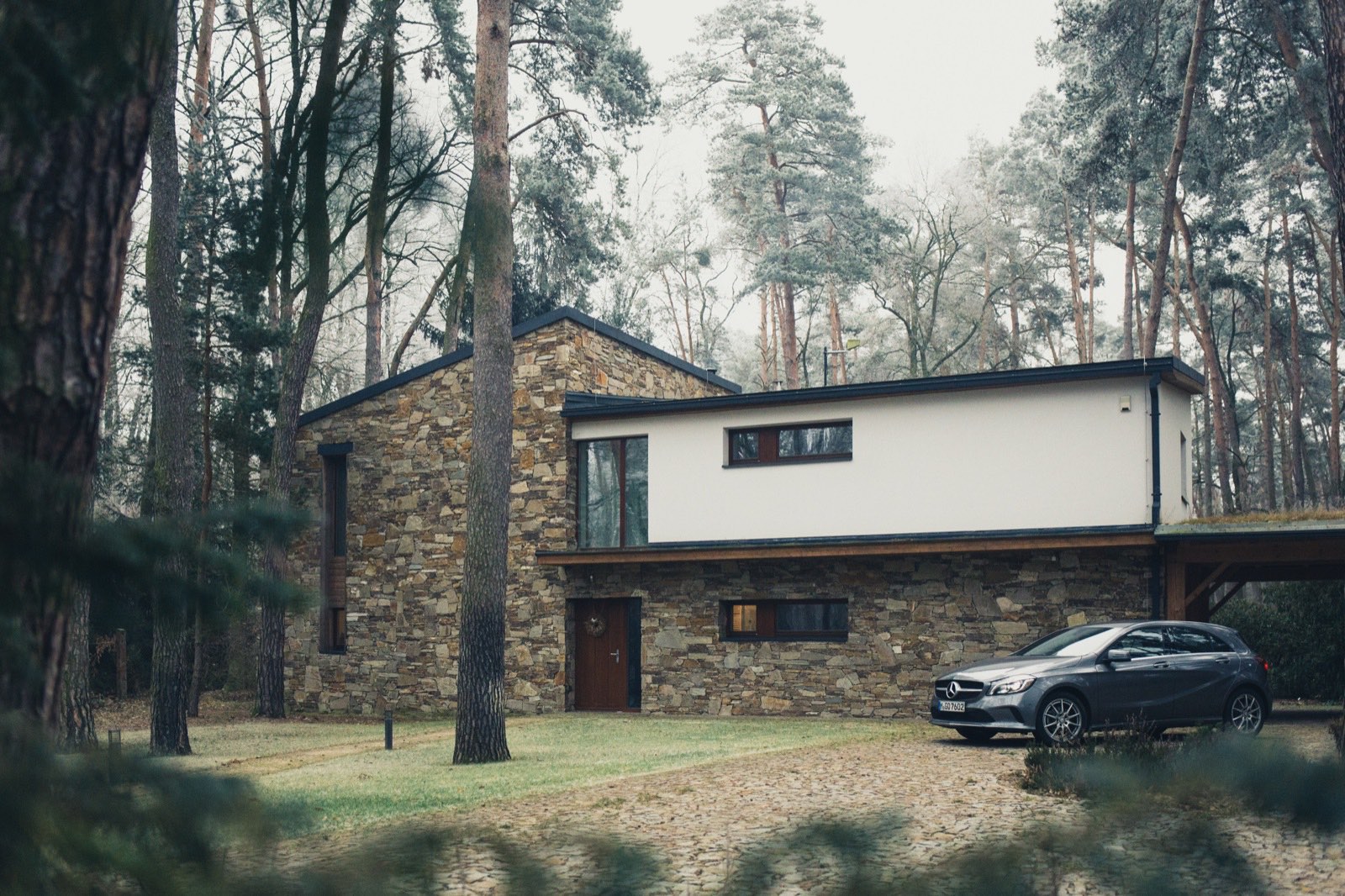 Contemporary new-build house among trees