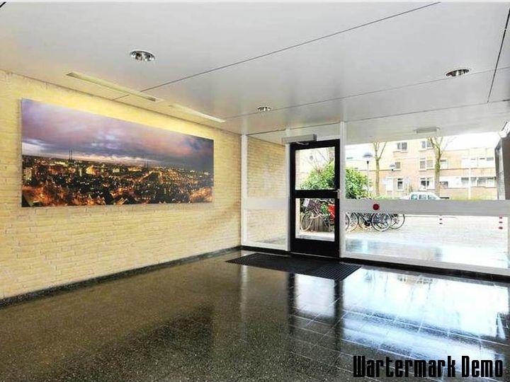 Five-Bedroom Town House on Rue de Rivoli - Entrance hall with a glazed street door and a framed cityscape on the brick wall